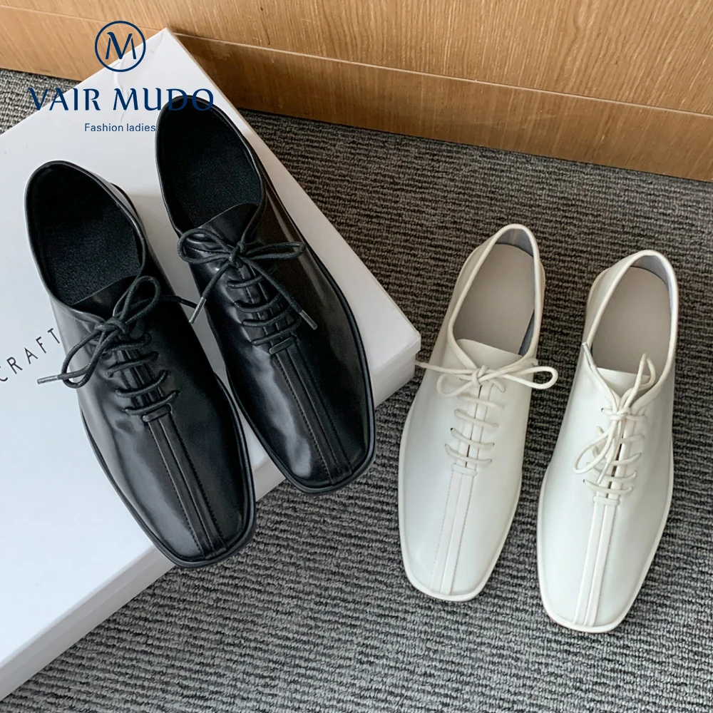 

VAIR MUDO Spring Autumn Women Pumps Shoes Casual Basic Style Black White Concise Round Toe Genuien Leather Lace Up Low Hee D163L