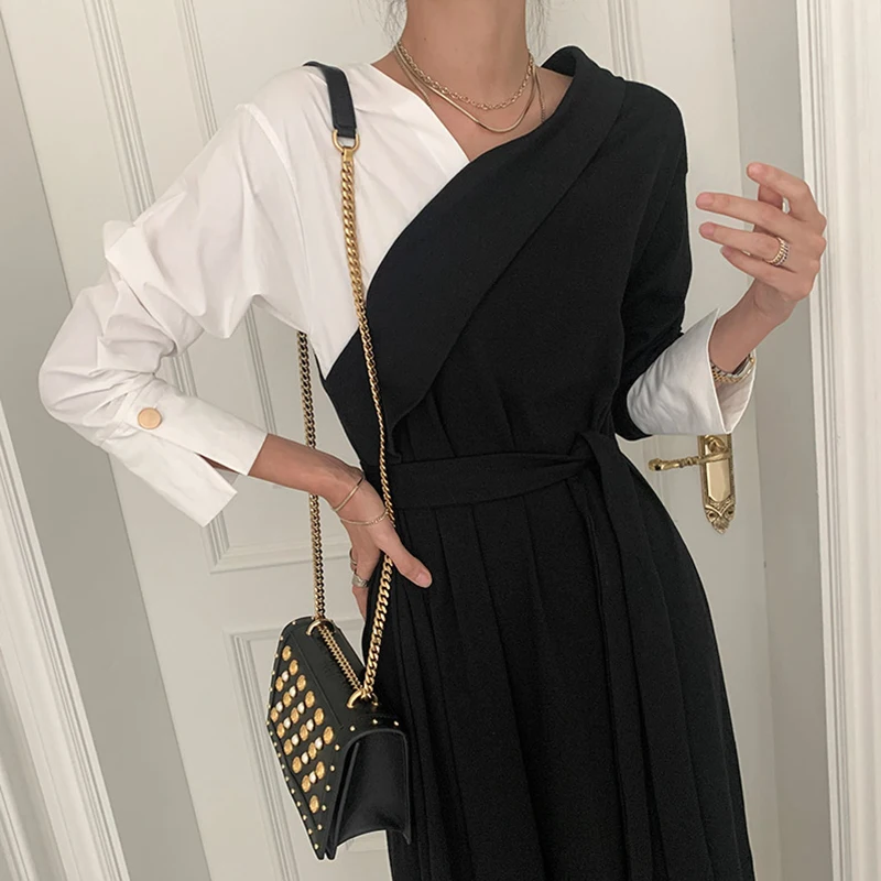 

V-Neck Elegant Color Patchwork Long Maxi Dress Women Spring Office Dress Off shoulder Long Sleeve Korean with Belt Vintage