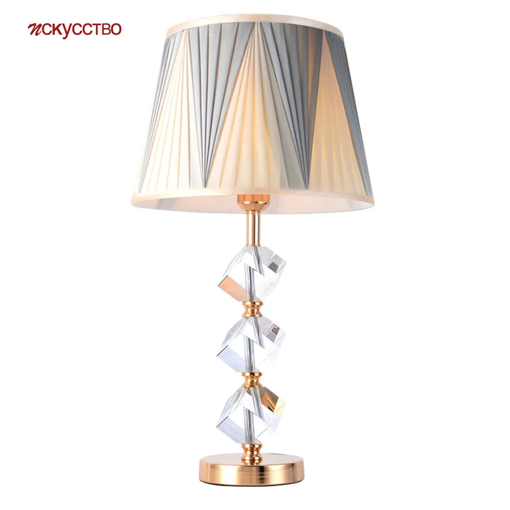 American Luxury K9 Crystal Cube Color Mixing Fabric Table Lamp For Living Room Home Deco Bedside Led E27 Standing Light Fixtures