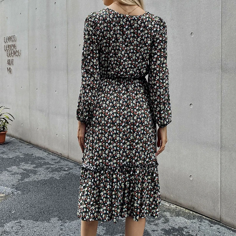 

Spring and Autumn Ladies Pastoral Style Long Skirt Round Neck Pullover Long Sleeve Dress Casual Solid Color Floral Print Dresses