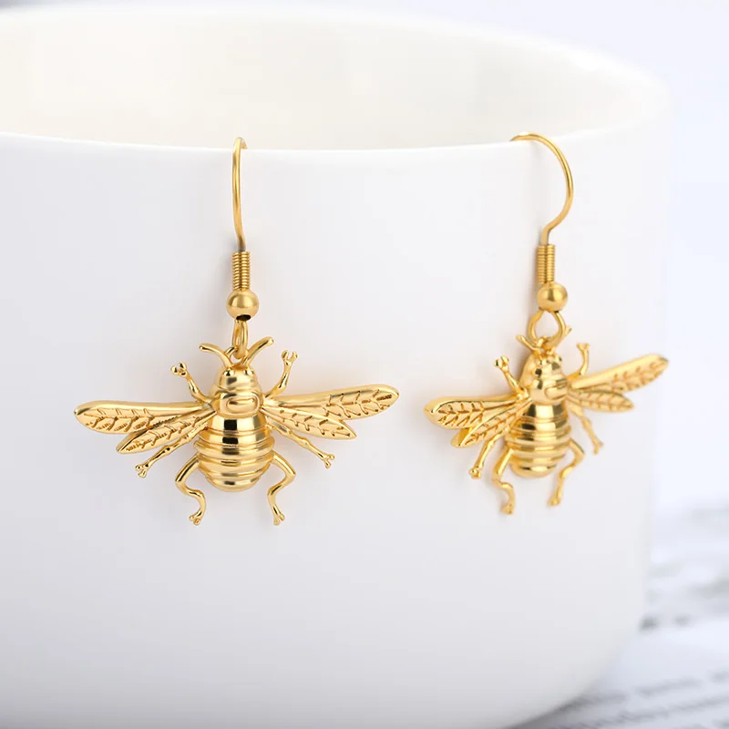 

Cute Bee Earrings For Women Jewelry Christmas 2020 Gold Sliver Color Stainless Steel Animal Honeybee Drop Earrings pendientes