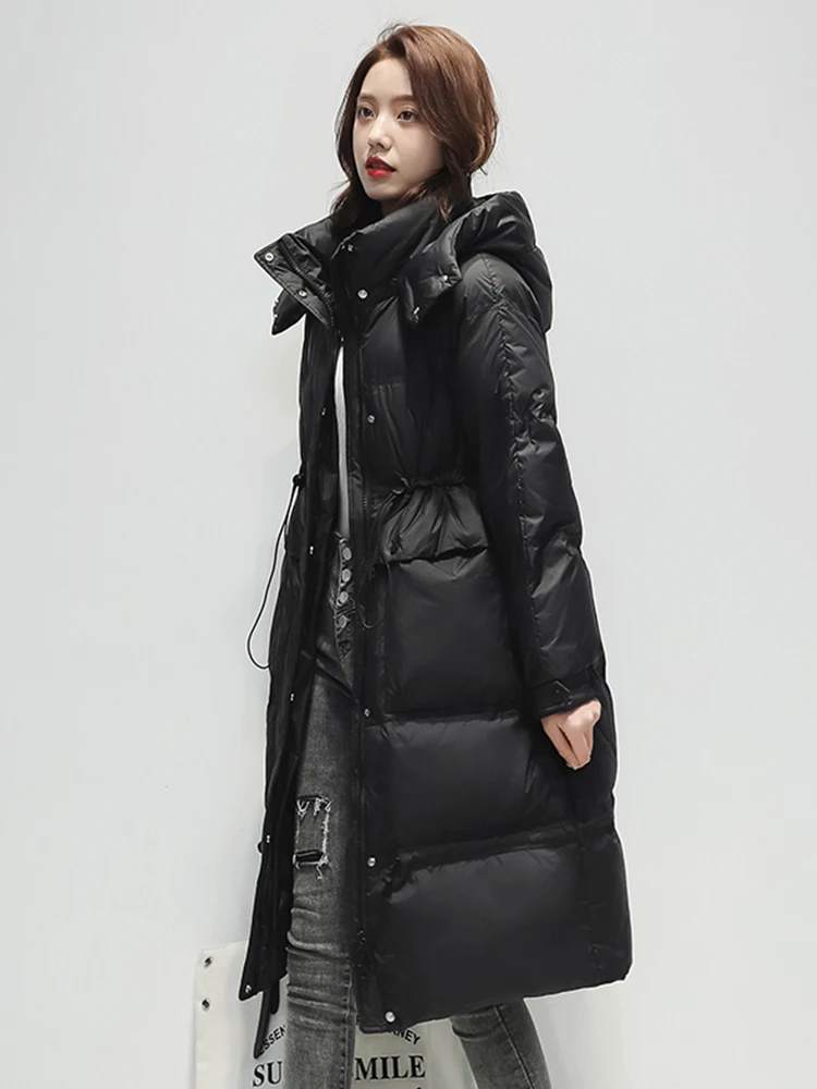 

Women Down Jacket Fashion Thick Warm Mid Long Hooded Winter Coat Solid Color Over The Knee Hooded Straight Outerwear Female
