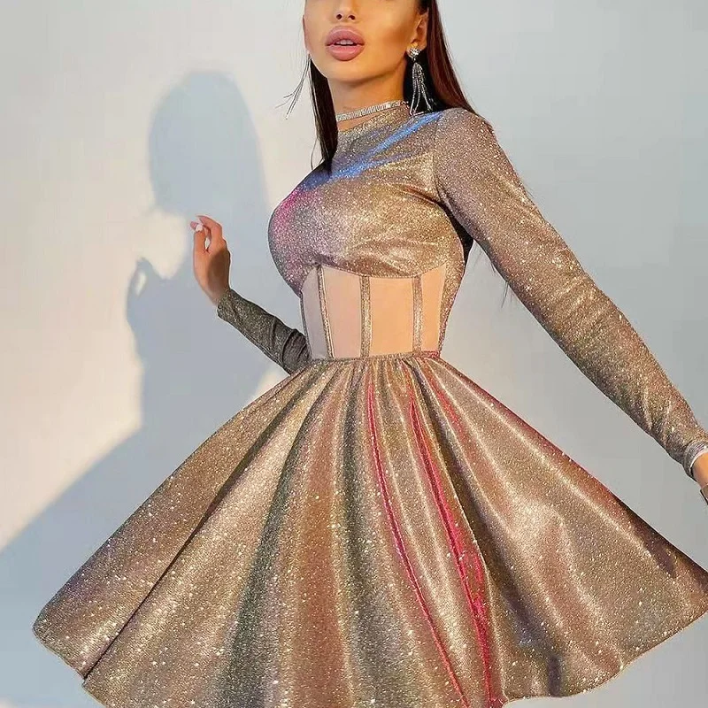 Женское блестящее платье-корсет цвета шампанского с длинным рукавом | Женская