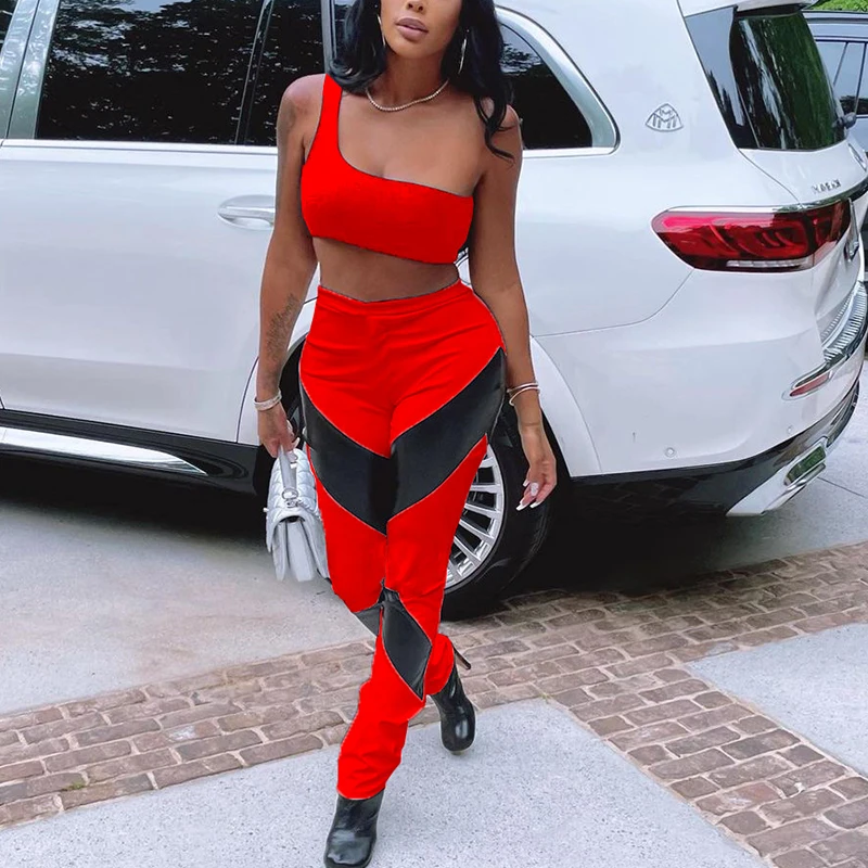 

sexy One Shoulder sleeveless Crop Top & Slim long Pants Set Casual Women Two Piece set Chic Suits Streetwear