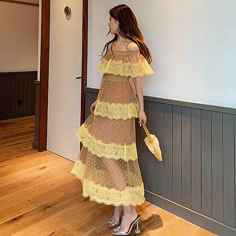 Женское кружевное платье в горошек пикантное желтое мини-платье с открытыми