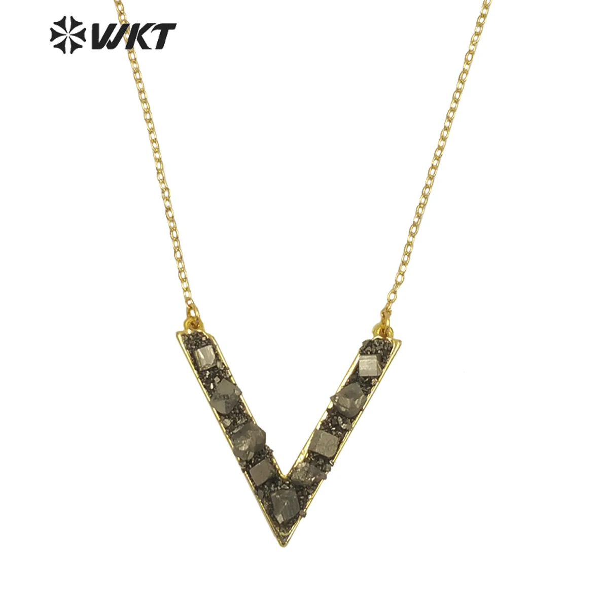 WT-N714 Amazing design Letter V Pendant gold necklace Jewelry natural pyrite stone letter charm pendant 18&quotchain gift | Украшения и