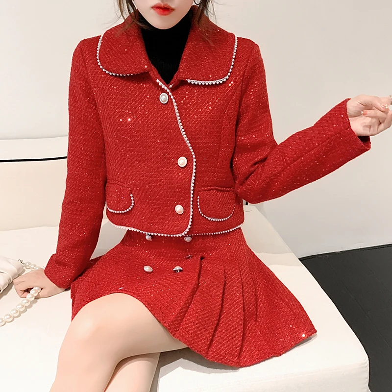 

Fashion Women's Party Tweed 2 Piece Set Chic Autumn Winter Red Woolen Sequined Short Coat + Double-Breasted Pleated Skirt Suits