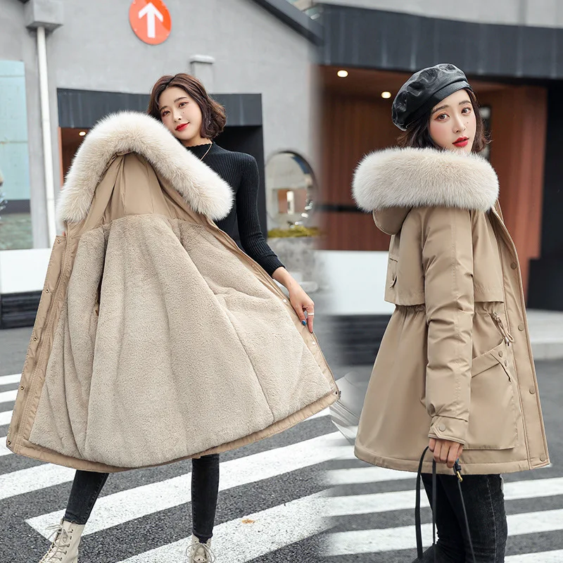2022 Winter Fleece Parka Coat Plus Cashmere Drawstring Waist Cotton Down Padded Jacket Fur Collar Hooded Fur Thick Warm Outwear