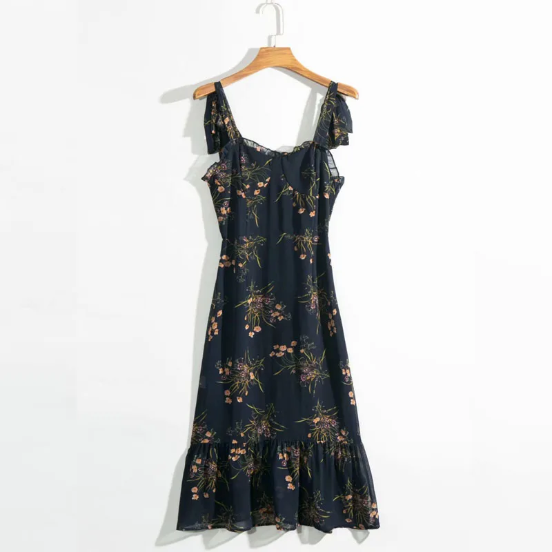 long-dark blue Летнее женское Повседневное платье с цветочным принтом и оборками, тонкое пляжное платье на бретельках - Цвет: long-dark blue