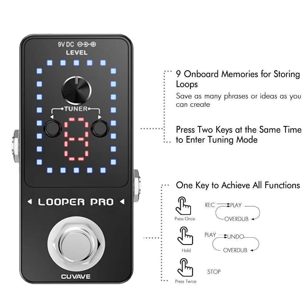 CUVAVE LOOPER PRO Guitar Loop Pedal 9 Loops Total 40 Minutes Recording Time Unlimited Overdubs With Tuner Function |