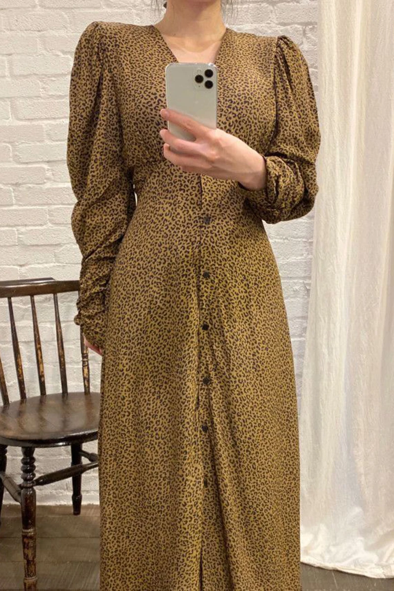 

WHCW CGDSR print floral korean style dress women elegant woman loose a-line vintage 2020 party dresses autumn winter long sleeve