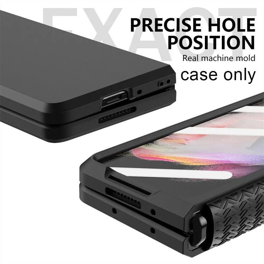 For Samsung Galaxy Z Fold 3 2 Hinge Case with Front Screen Glass Film Full Protection Cover Plastic Hard Case for Z Fold3 5G