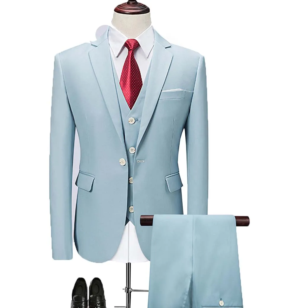 

2021 New Baby Blue Men's Slim Fit Suit 3 Pieces Business Notch Lapel Classic Tuxedos Groomsmen For Wedding(Blazer+Vest+Pants)