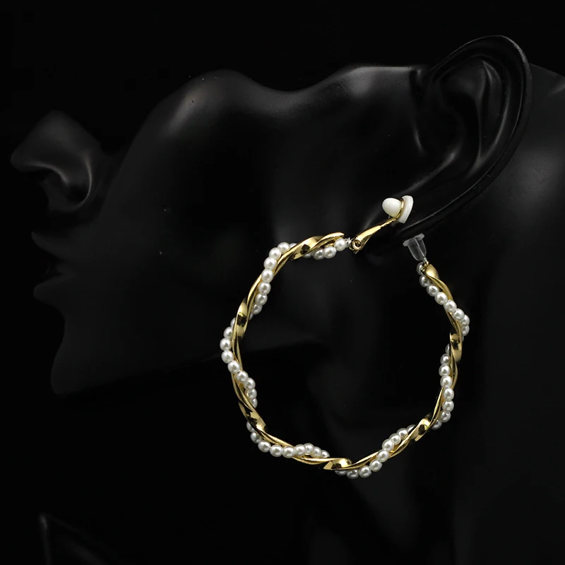 

Большие круглые серьги-клипсы с имитацией жемчуга, спиральные металлические клипсы без прокола, геометрические серьги без пирсинга CE410