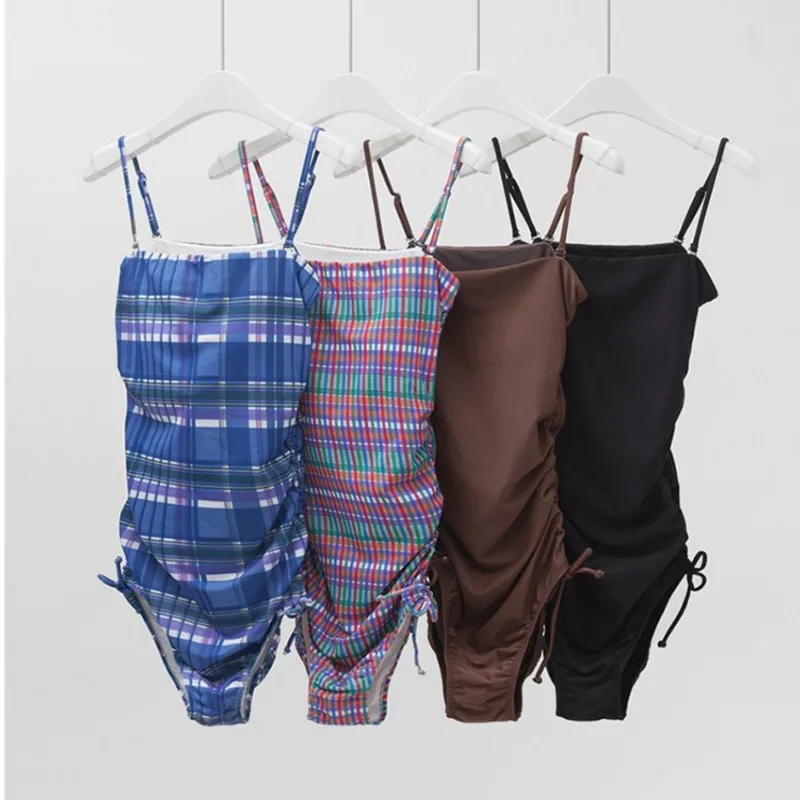 

Girls Bandeau One Piece Swimsuit Solid Black Women Swimwear 2022 Checkered Bath Swimming Suit Drawstring Tummy Control Monokini