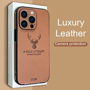 luxury leather texture square frame case for iphone 11 12 13 pro max mini x xr xs deer camera protection shockproof phone cover free global shipping