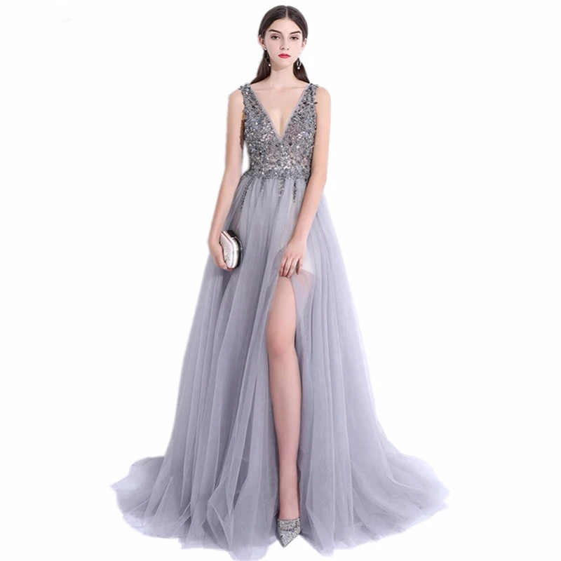 

Sexy Evening Dresses A-Line Vestido de Festa V-Neck Gray Tulle Custom Made Beading Bare Back Prom Grown Dress