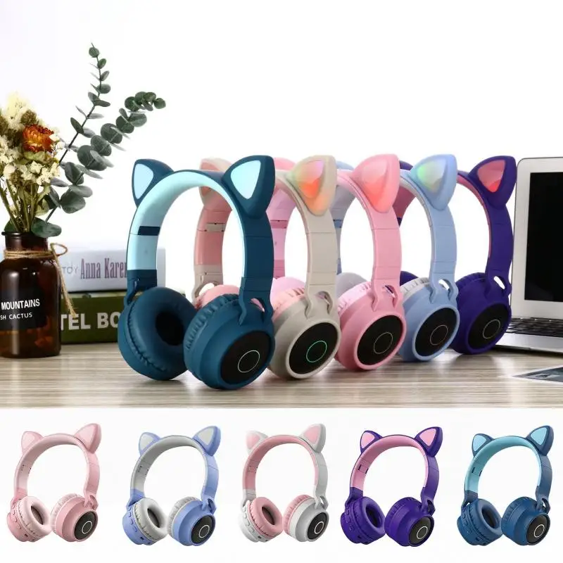 

Cute Cat Ear Headset Wireless Bluetooth-compitible LED Light Stereo Headphone Foldable Earphone Strong Compatibility Headsets