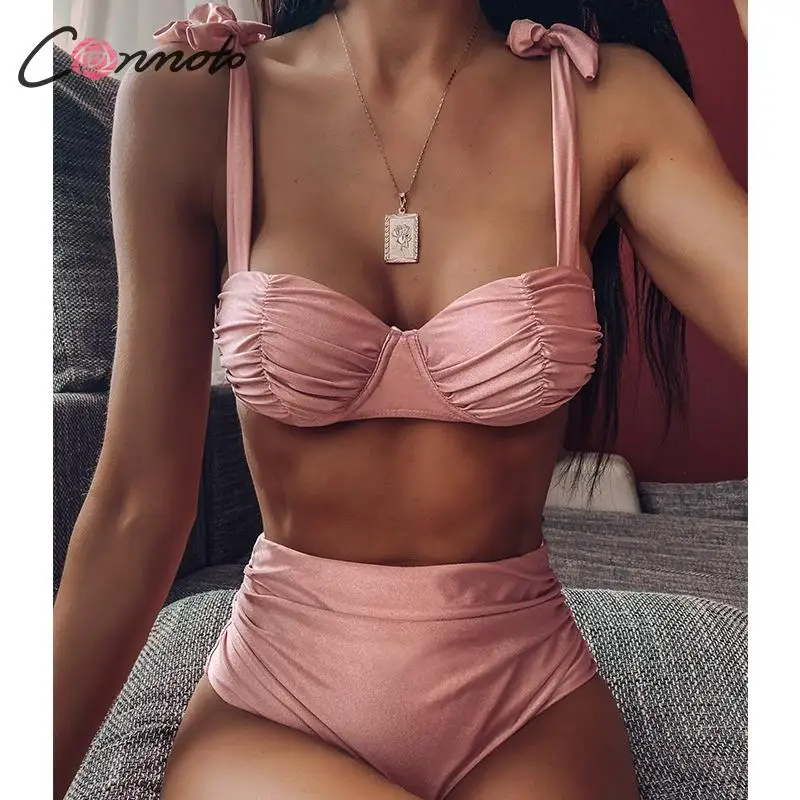Сексуальное однотонное розовое бикини купальник с высокой талией Женский пуш ап