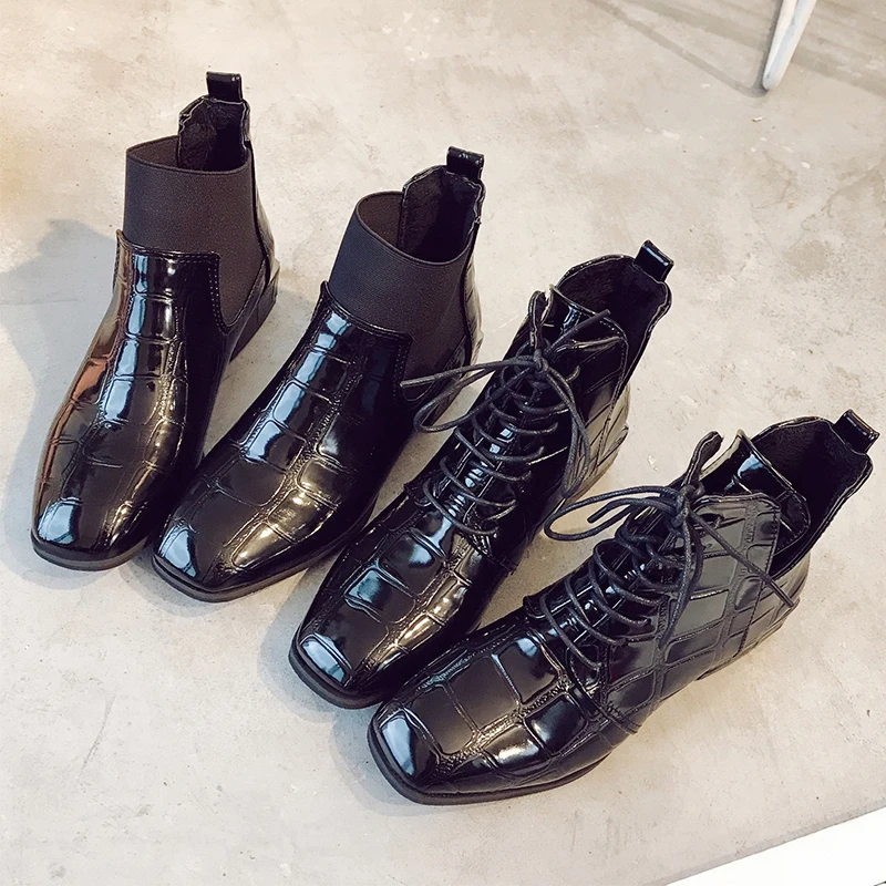 2021 autumn new patent leather Martin boots women's belt single shoes square head low-heeled stone ankle | Обувь