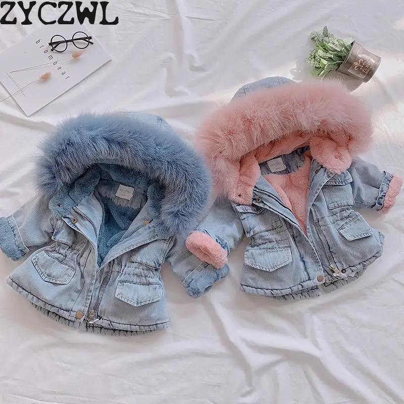 2019 Winter Baby Girl Denim Jacket Plus Velvet Real Fur Warm Toddler Girl Outerwear Coat 1-4 Years Kids Infant Girl Parka