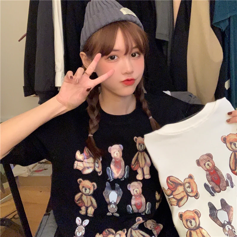 

Vintage Bear Short-Sleeved T-shirt Female 2021 Loose Korean Style Ins Harajuku Style Hiphop Fried Street Top