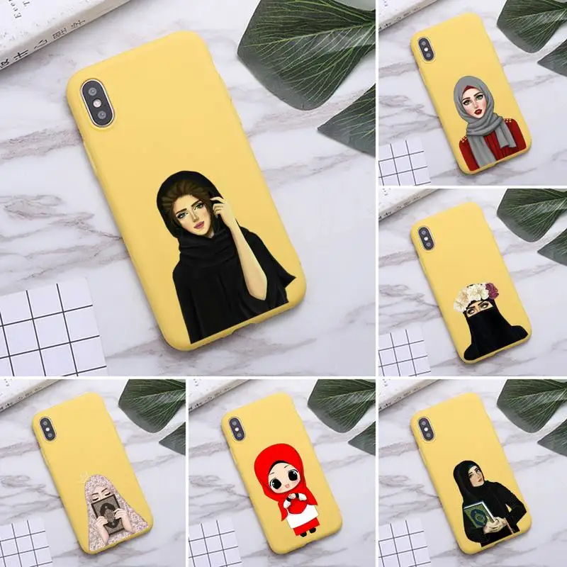 

USAKPGRT Muslim Islamic Gril Phone Case for iPhone 11 Pro Max X XR XS 8 7 6s Plus Candy yellow Silicone Cases