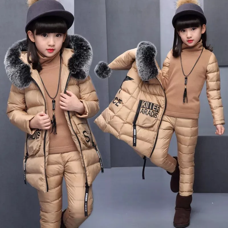 

JO&MI 2020 winter children new design long down coat + pants + shirt 3pcs/set kids jacket suit
