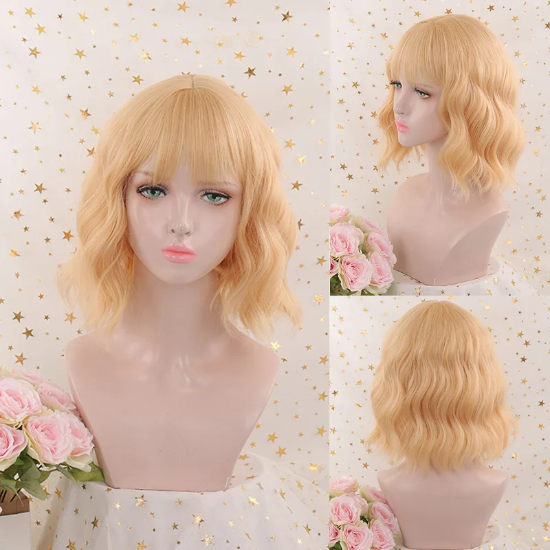 

WEILAI Short Wavy Wigs for Women Synthetic Hair black Wigs with Bangs Heat Resistant Cosplay Wig