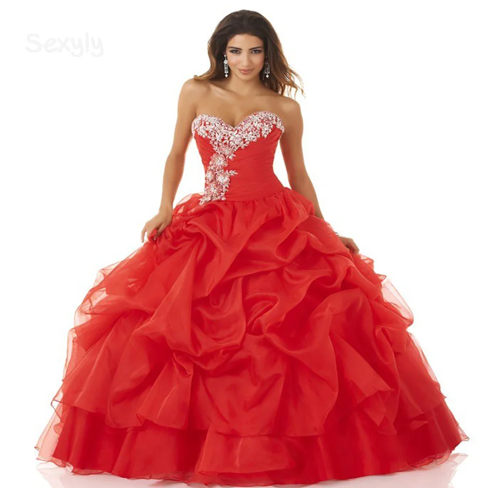 

Beautiful Red Quinceanera Dresses Organza Ruffles Sweetheart Beaded Lace Up Women's Sweet 15 Brithday Prom Party Dress vestidos