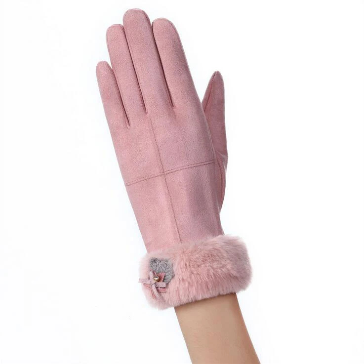 082A-pink Новые зимние теплые женские перчатки кружевные кашемировые милые варежки с медведем двойные толстые плюшевые митенки сенсорный экран для женщин перчатки для вождения - Цвет: 082A-pink