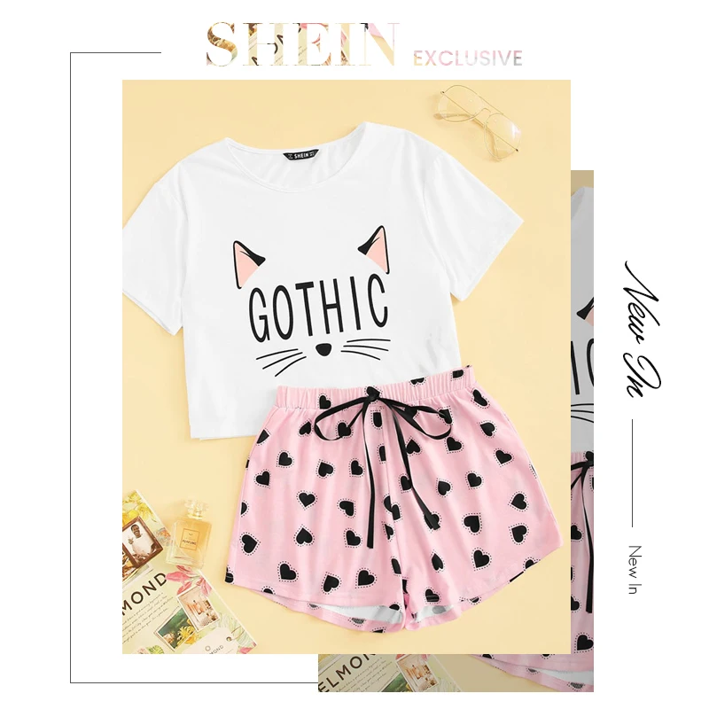 SHEIN Kat футболка с принтом эластичные шорты повседневная одежда костюм для пижамы