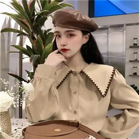 

Spring Autumn Women Shirts Cute Loose New Fashion Puff Sleeve Blouse Solid Button Up Preppy Style Office Ladies Female Tops D18