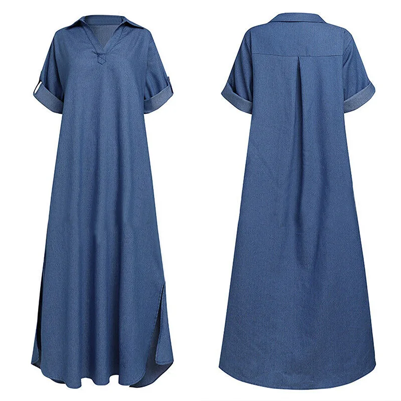 

Summer Denim Dress For Women 2021 Casual Spring Blue V-Neck Half Sleeve Maxi Dresses Plus Size Split Long Dresses Vestidos 5XL