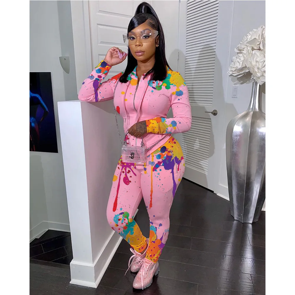 2020 Ladies 2Piece Inkjet Printing Sports Suit Fashion Casual Sportswear Autumn And Winter Long Sleeves |