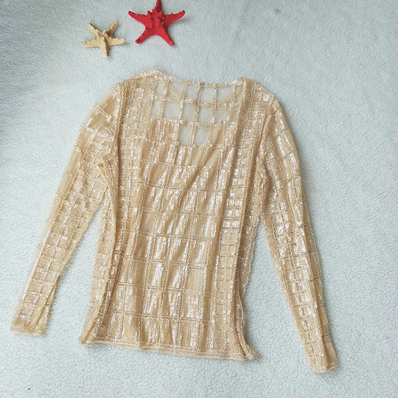 as photo VERDEJULIAY Сексуальная Открытая Сетчатая футболка женский Тощий топ с блёстками Новые Модные осенние черные топы для женщин ажурная рубашка - Цвет: as photo