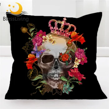 BlessLiving Sugar Skull Throw Pillow Covers Crown Floral Square Decorative Pillow Cases Black Gothic Pillowcase Cushion Cover 1