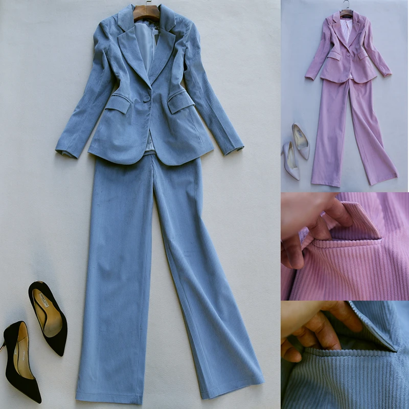 

Set autumn new fashion suit corduroy retro slim suit jacket + high waist straight wide leg pants trousers set 2 piece set winter