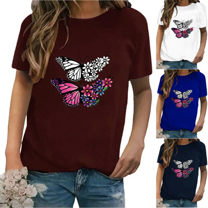 

Women Butterfly Pattern Short Sleeve Crew Neck Tops Summer Casual T-shirts New