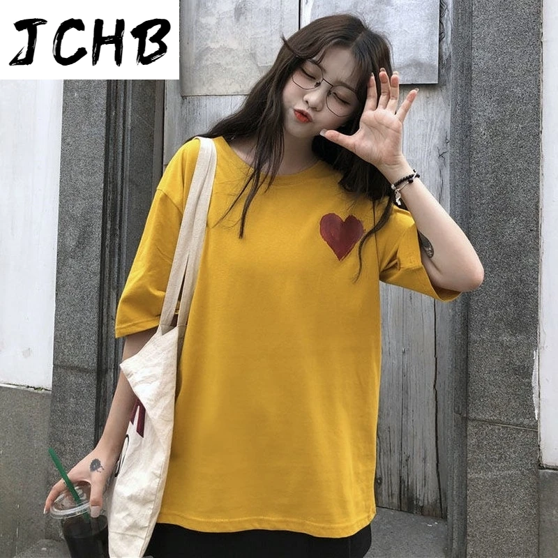 

2021 Korean Womens Top T-shirt Short-sleeved Summer Preppy Tees Printed Bottom Tshirt Student Oversized White O-neck Young t Shi