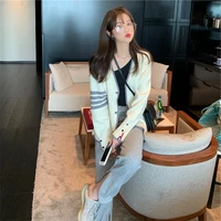 2022 spring and autumn new v neck four bar white knit sweater women tb shirt bottoming striped knitted cardigan outer wear