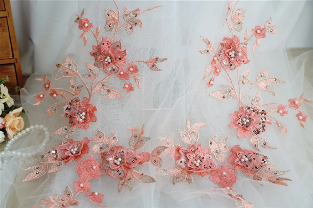 

Luxury 1 Pair Gold Embroidery Lace Applique 3D Floral Beaded Pearls and Sequins Applique Trim for DIY Dress Clothing Accessories