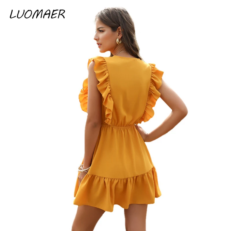 

Luomaer Sexy Women Dress Ruffle 2020 Off Shoulder Tunic High Waist Party V Neck Casual Boho Beach Yellow Women Summer Dress