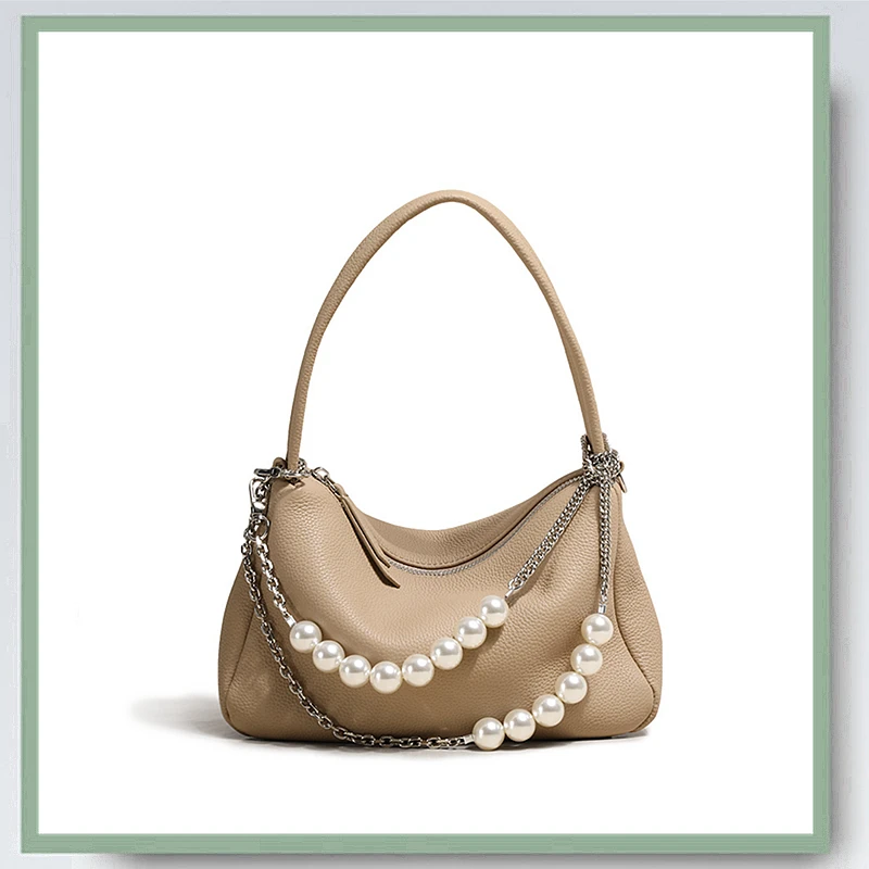 

Bag Women Classic Design 100% Cowhide Shell Beading Chain Shoulder Strap Solid 2 Colors Ladies High Quality Casual Handbags