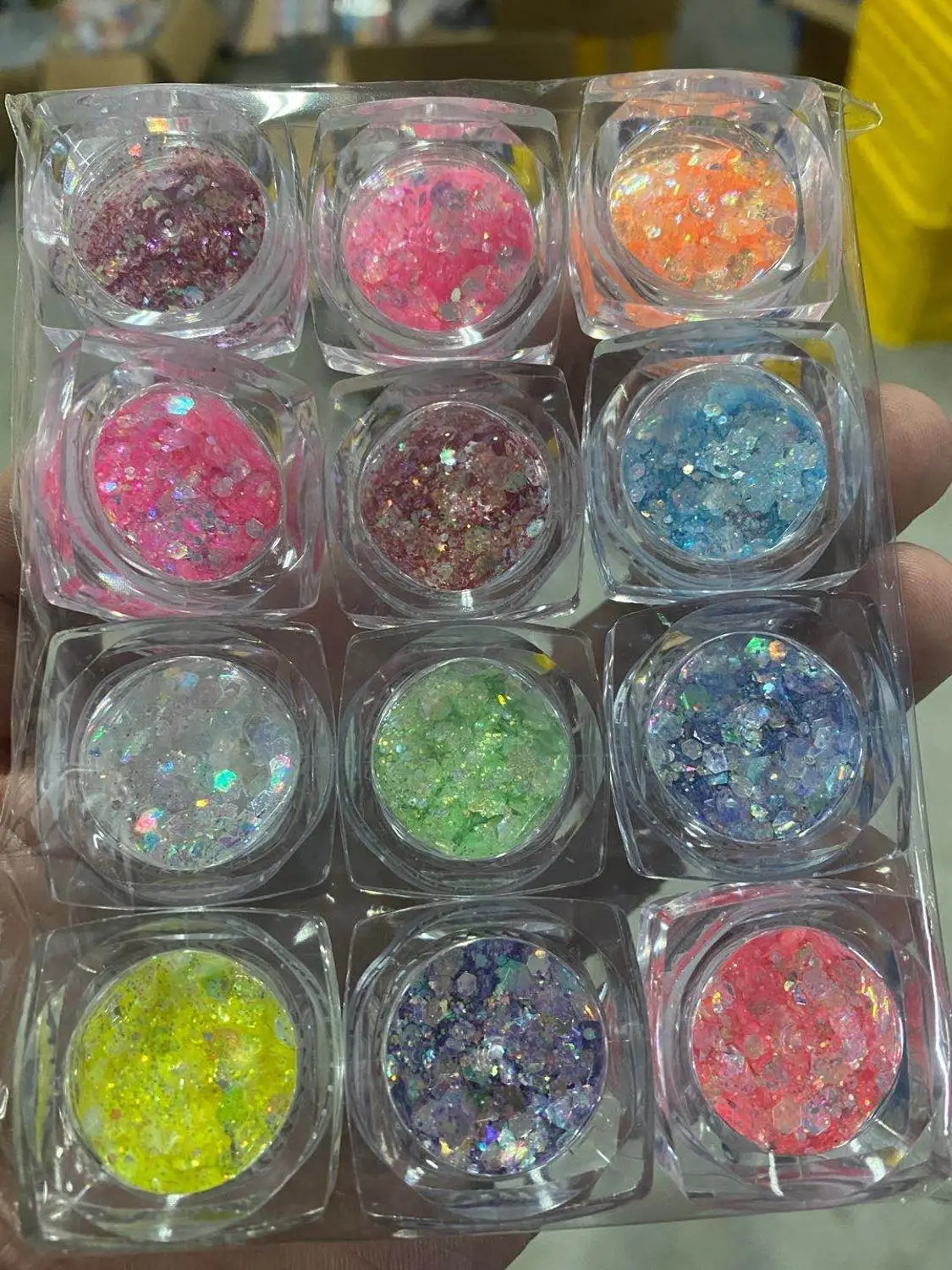 

12pcs/lot Holographic Iridescent chunky Mix Glitter//12 Colors Mix 3 sizes Glitter//Nail Art Loose Bulk Glitter