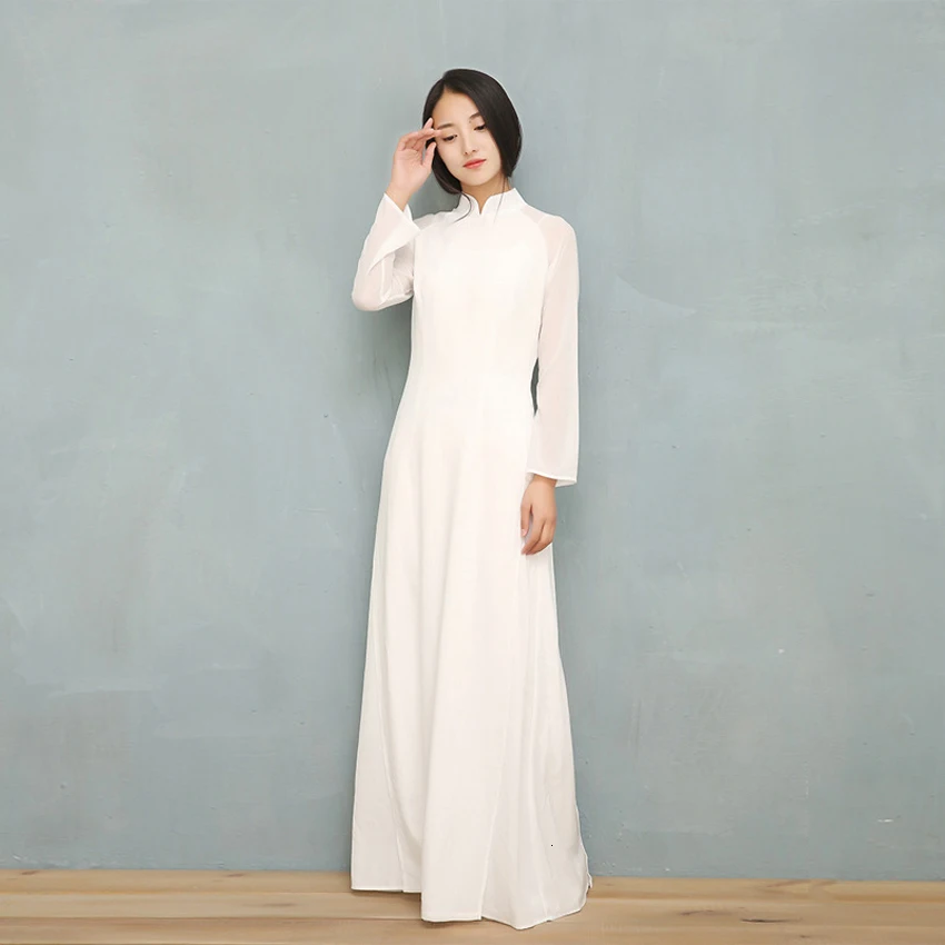 Vietnam Ao Dai White Solid Chiffon Perspective Dress for Woman Chinese Cheongsams Full Sleeve Female Oriental Dress