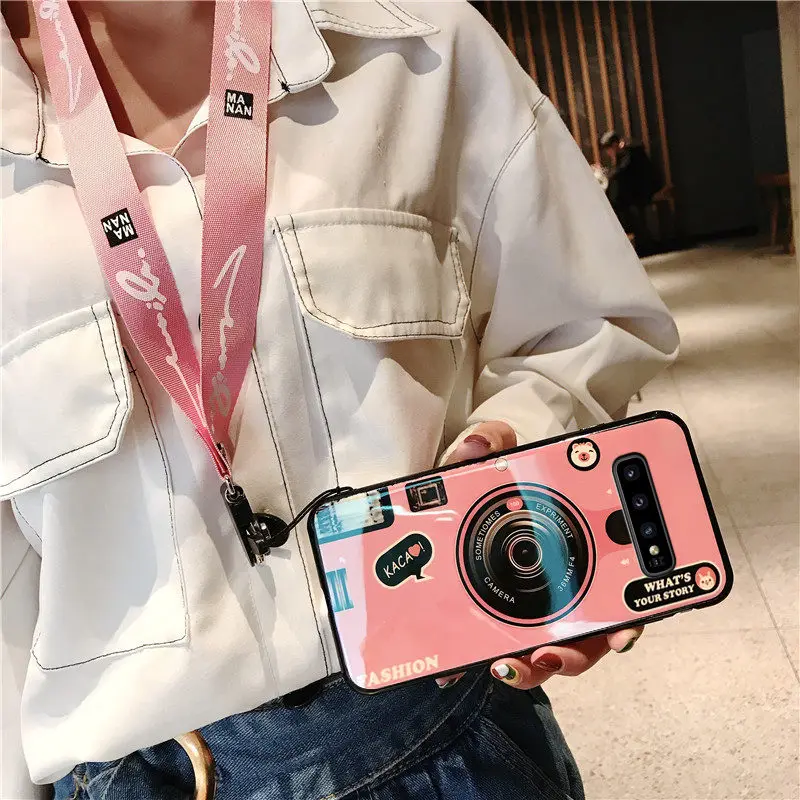 For Samsung Galaxy A6 A7 A8 A9 Plus J2 J3 J4 J5 J6 J7 J8 Prime A2 Core 3D Camera style soft tpu cover case coque with Long Strap |
