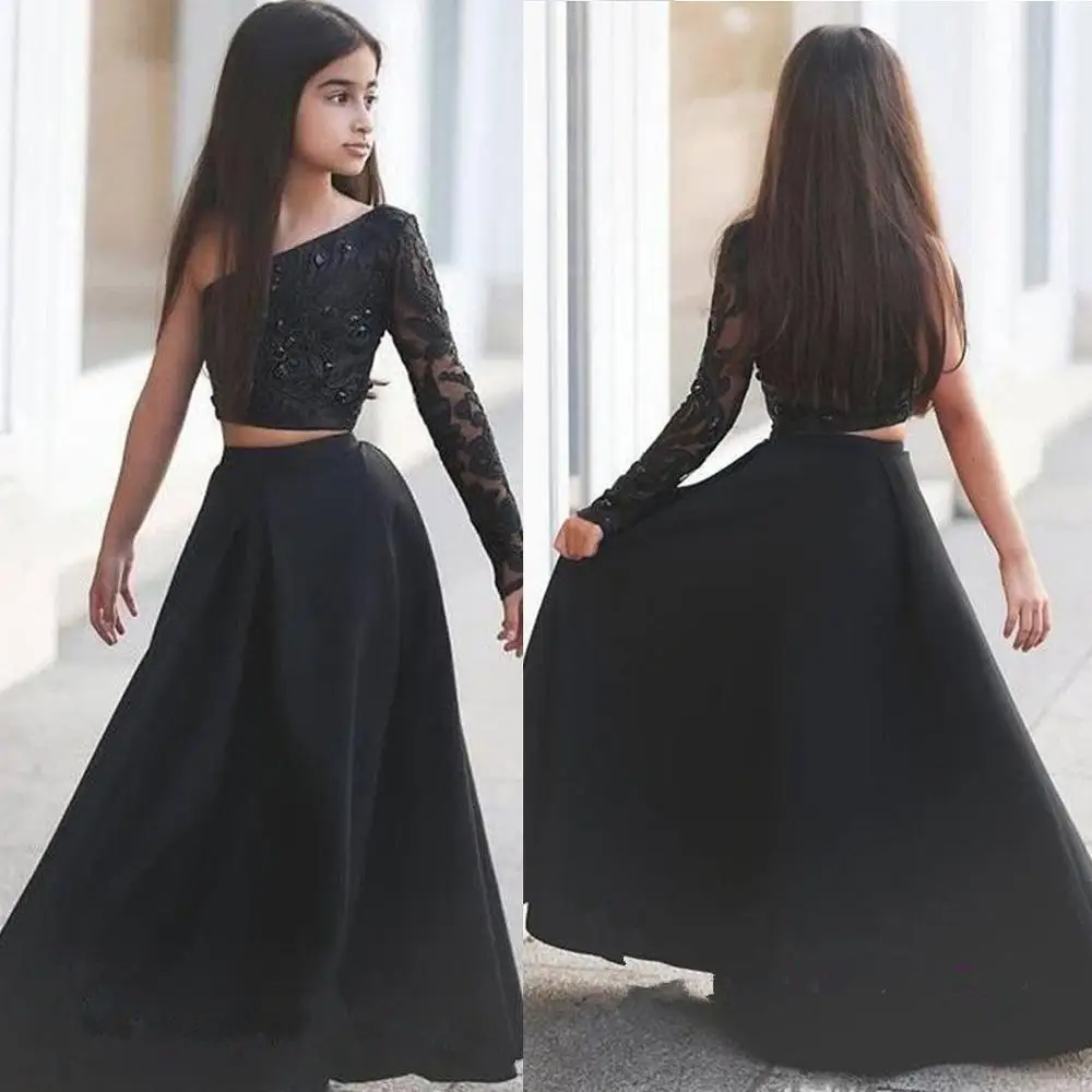 Платье детское черное на одно плечо с длинным рукавом бисером | Свадьбы и