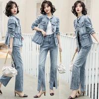 high quality denim jacket and jeans suit two piece women 2021 autumn spring foreign style short jacket jeans fashion femme sets