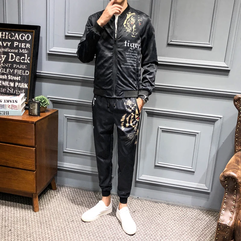 

Korean Piece 2 Menswear Tiger Head Print Jacket Ropa Deportiva Hombre Para Correr Plus 6xl Jogginganzug Herren